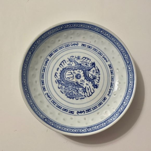VTG Chinese Blue White Rice Grain Porcelain Bowl Dish Dragon - Picture 2 of 5